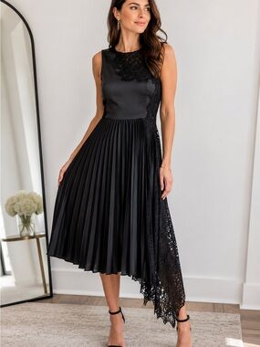 Karen Millen Black Lace & Pleated Asymmetrical Dress | Elegant | Size 6